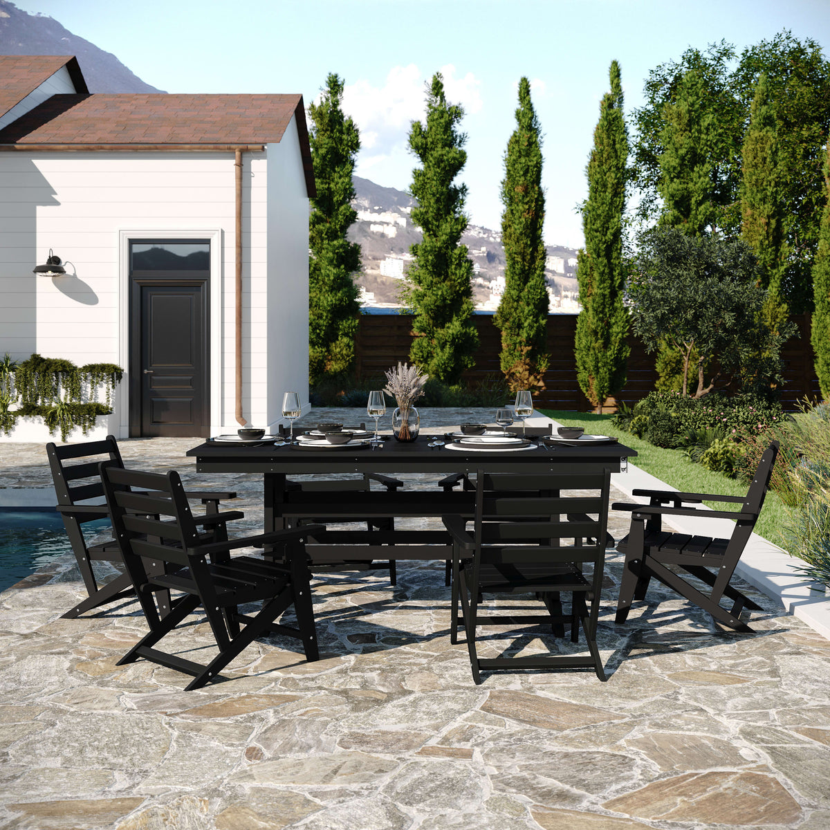 Black |#| Commercial All Weather Adirondack Table and 6 Chairs with Cupholders in Black