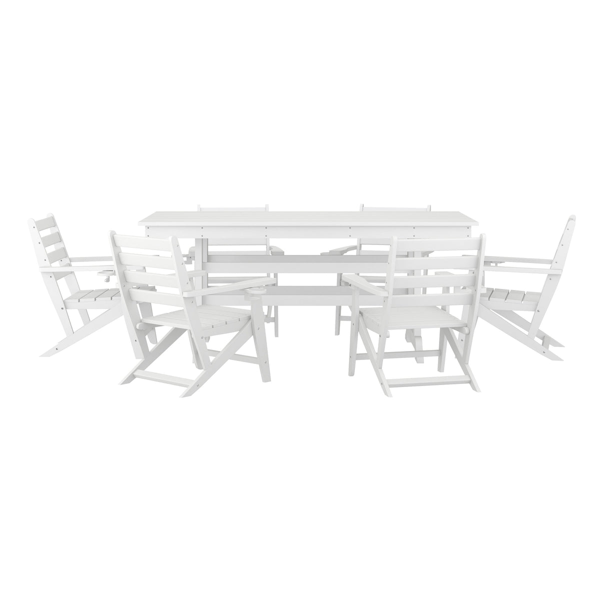 White |#| Commercial All Weather Adirondack Table and 6 Chairs with Cupholders in White