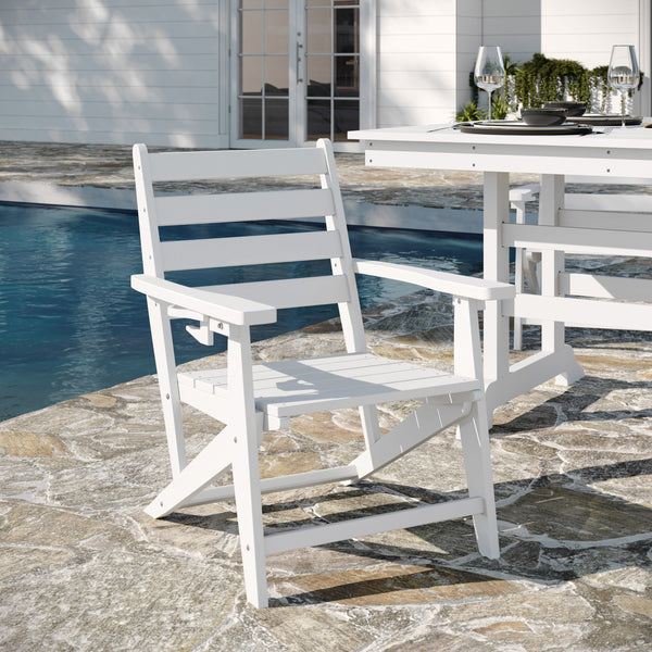 White |#| Commercial All Weather Adirondack Table and 6 Chairs with Cupholders in White