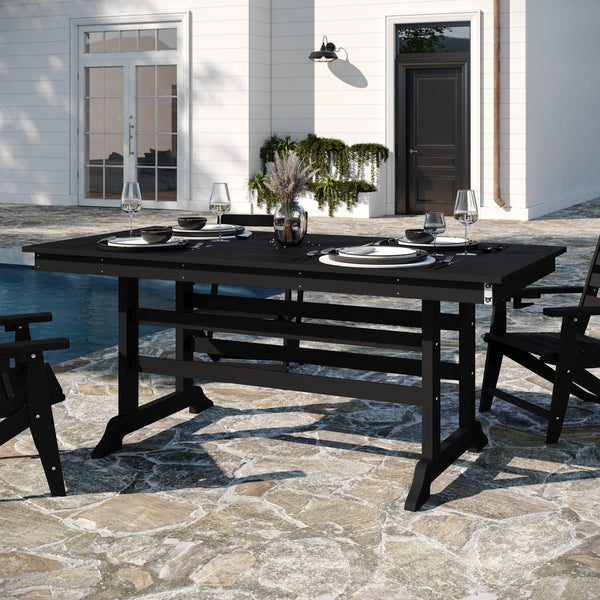 Black |#| Commercial All Weather Adirondack Table and 6 Chairs with Cupholders in Black