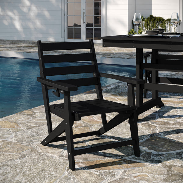 Black |#| Commercial All Weather Adirondack Table and 6 Chairs with Cupholders in Black