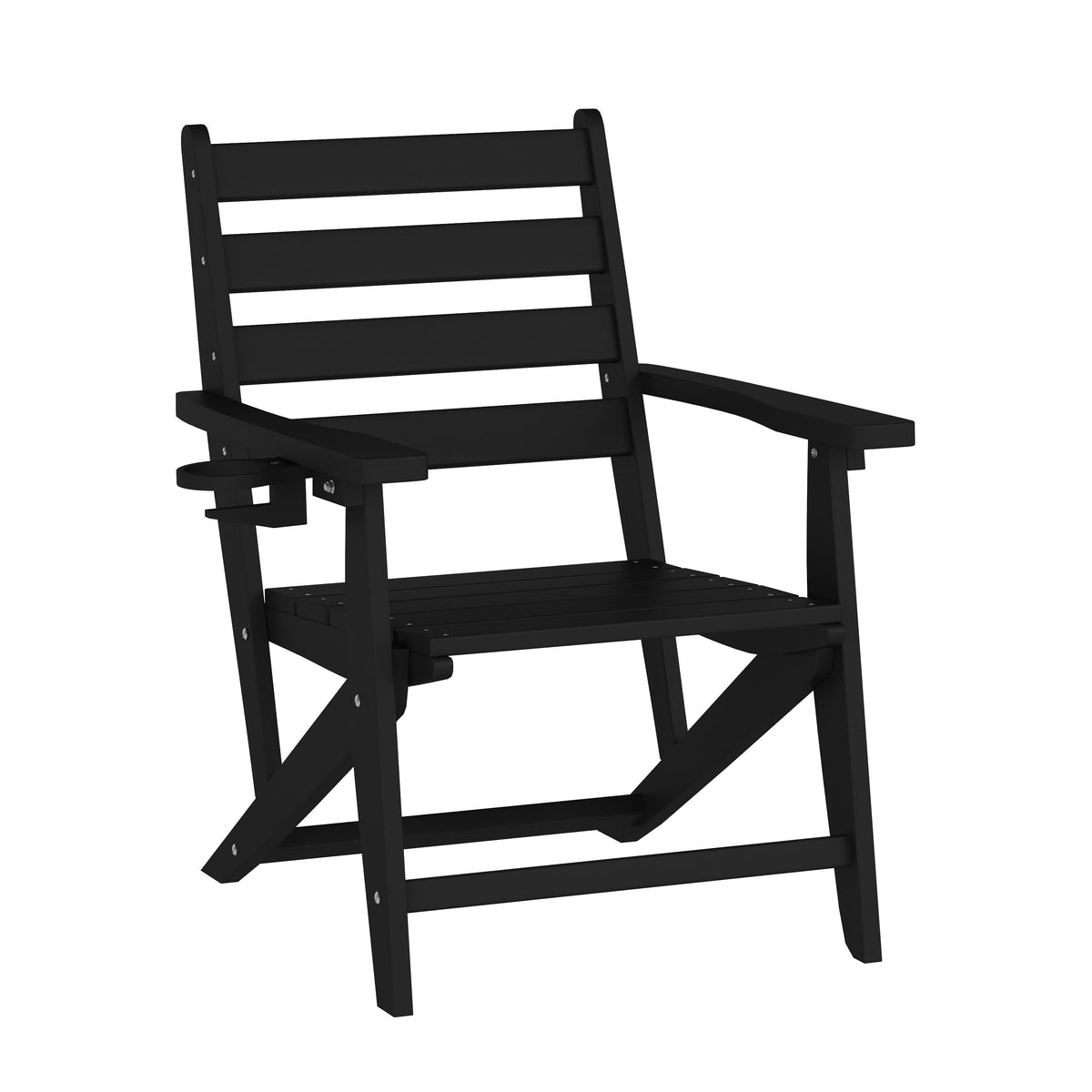 Black |#| Commercial All Weather Adirondack Table and 6 Chairs with Cupholders in Black