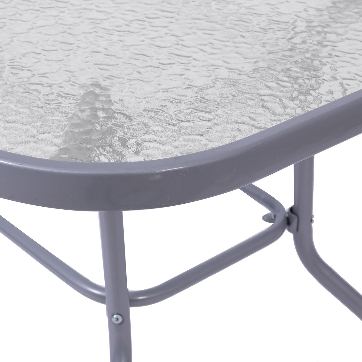 Clear Top/Silver Frame |#| Commercial 47.25x27.5 Tempered Glass and Steel Patio Table-Umbrella Hole-Silver