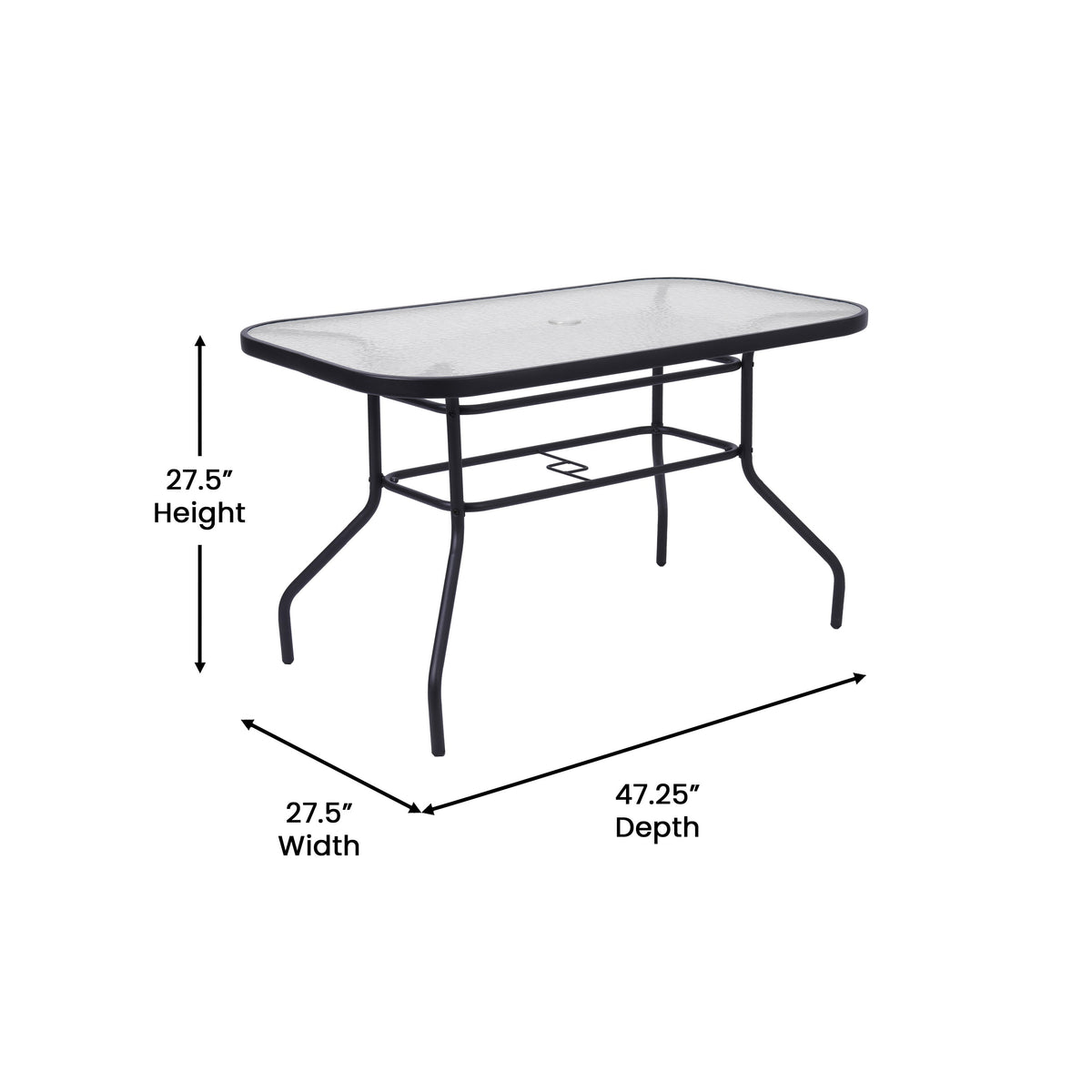 Clear Top/Black Frame |#| Commercial 47.25x27.5 Tempered Glass and Steel Patio Table - Umbrella Hole-Black