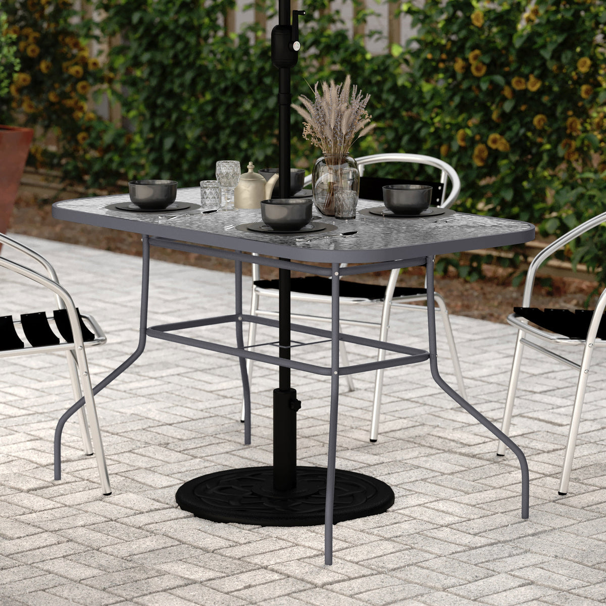 Clear Top/Silver Frame |#| Commercial 47.25x27.5 Tempered Glass and Steel Patio Table-Umbrella Hole-Silver