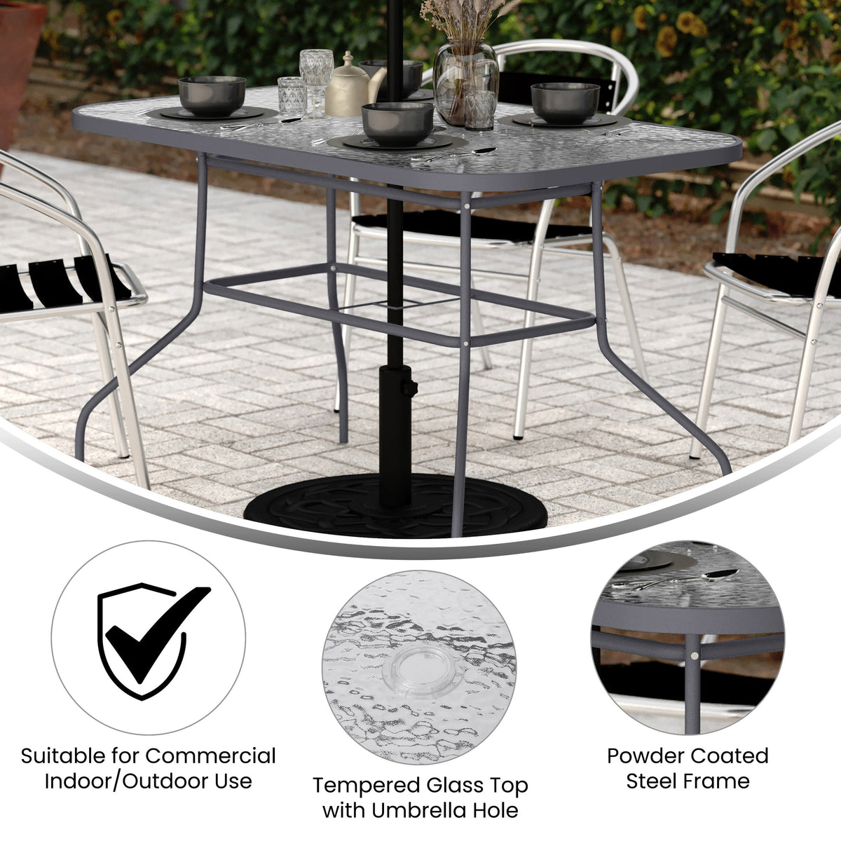 Clear Top/Silver Frame |#| Commercial 47.25x27.5 Tempered Glass and Steel Patio Table-Umbrella Hole-Silver