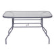 Clear Top/Silver Frame |#| Commercial 47.25x27.5 Tempered Glass and Steel Patio Table-Umbrella Hole-Silver